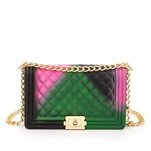 Large Multicolored Gradient Jelly Quilted Bag with Gold Chain Strap